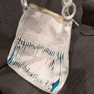 White Fringe Hobo Bag with Teal Accent - Women Bags
